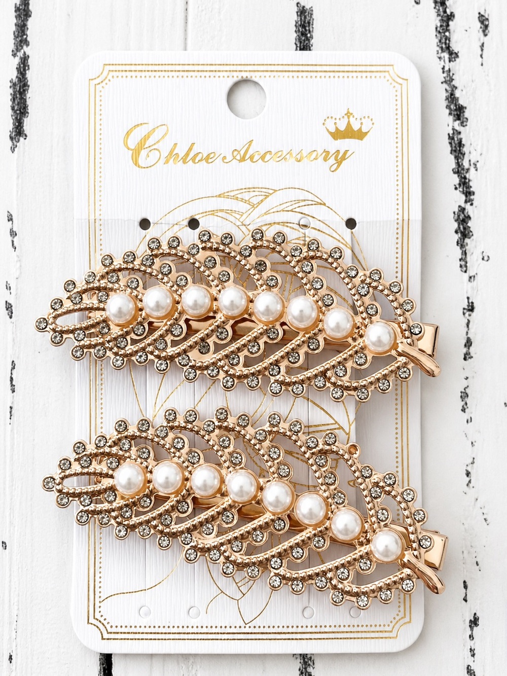 Gold Pearl & Crystal Leaf Hair Clips - Set of 2